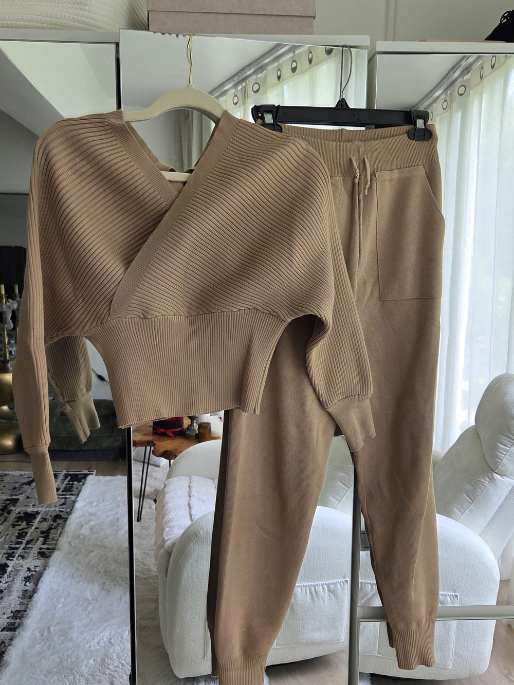 Beige Ribbed Knit Sweater & Jogger Set